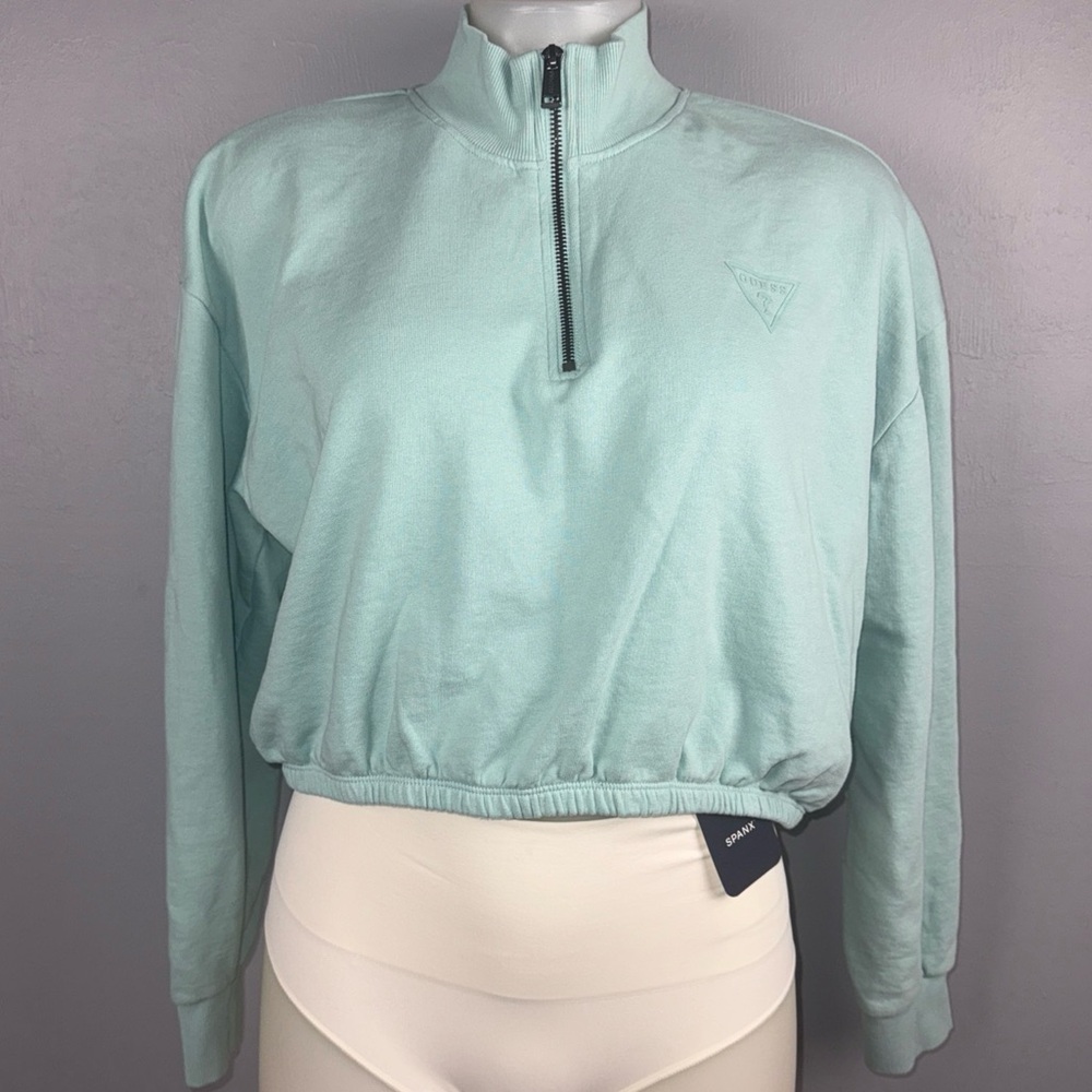 Guess Sweatshirt Women’s Medium Aqua Cropped Long Sleeves Mock 1/4‎ Zip